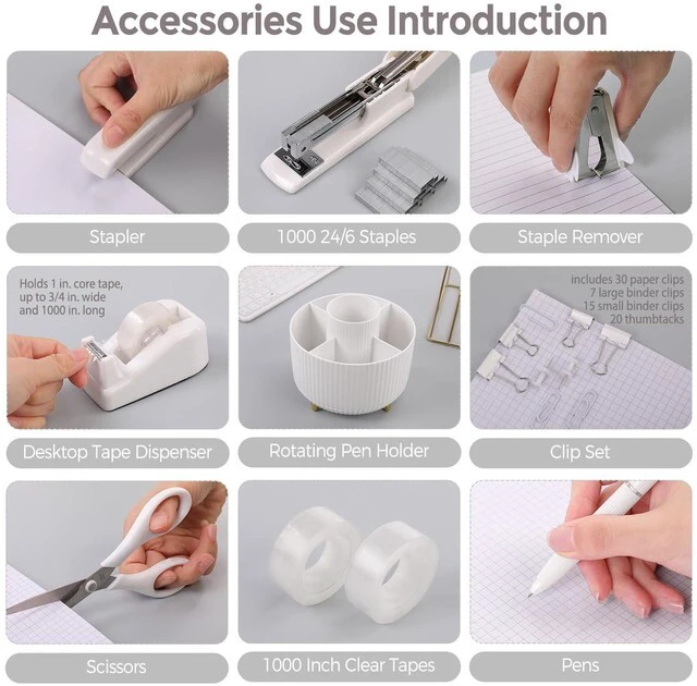 Alt view image 4 of 7 - White Office Supplies Set, Office Desk Accessories 10PCS, Pencil Holder for Desk, Stapler, Tape Dispenser, Scissors, Ruler, Binder/Paper Clips and 1000pcs Staples,Desk Supplies Set
