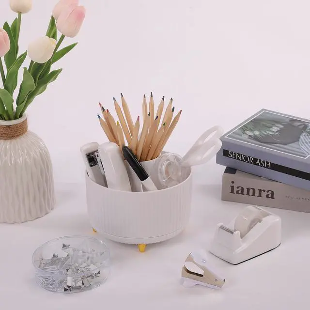 Alt view image 5 of 7 - White Office Supplies Set, Office Desk Accessories 10PCS, Pencil Holder for Desk, Stapler, Tape Dispenser, Scissors, Ruler, Binder/Paper Clips and 1000pcs Staples,Desk Supplies Set