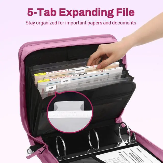 Alt view image 2 of 7 - Zipper Binder 3 Ring, 3 Inch O-Ring with Handle and Shoulder Strap, 600-Sheet Capacity, 5-Tab Expanding File Folder, Multi-Pockets for Middle School Organizer Binder with Zipper, Grape Purple