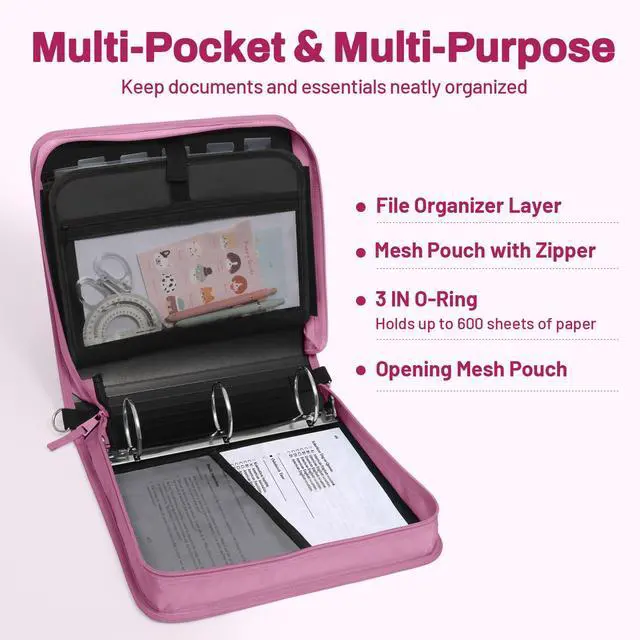 Alt view image 3 of 7 - Zipper Binder 3 Ring, 3 Inch O-Ring with Handle and Shoulder Strap, 600-Sheet Capacity, 5-Tab Expanding File Folder, Multi-Pockets for Middle School Organizer Binder with Zipper, Grape Purple