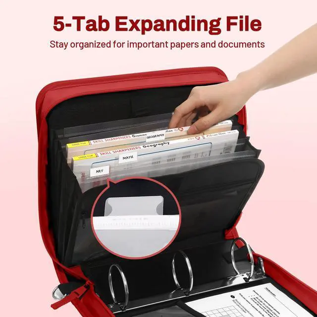 Alt view image 2 of 7 - Zipper Binder 3 Ring, 3 Inch O-Ring with Handle and Shoulder Strap, 600-Sheet Capacity, 5-Tab Expanding File Folder, Multi-Pockets for Middle School Organizer Binder with Zipper, Bright Red