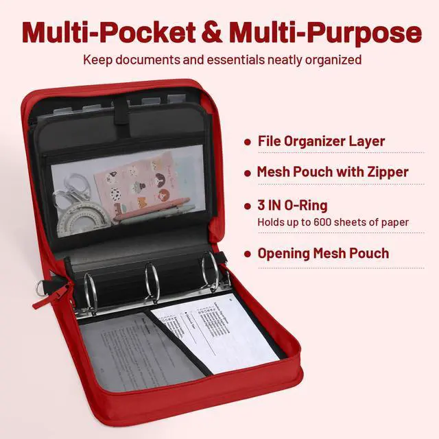 Alt view image 3 of 7 - Zipper Binder 3 Ring, 3 Inch O-Ring with Handle and Shoulder Strap, 600-Sheet Capacity, 5-Tab Expanding File Folder, Multi-Pockets for Middle School Organizer Binder with Zipper, Bright Red