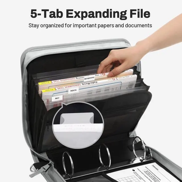 Alt view image 2 of 7 - Zipper Binder 3 Ring, 3 Inch O-Ring with Handle and Shoulder Strap, 600-Sheet Capacity, 5-Tab Expanding File Folder, Multi-Pockets for Middle School Organizer Binder with Zipper, Light Grey