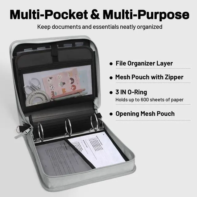 Alt view image 3 of 7 - Zipper Binder 3 Ring, 3 Inch O-Ring with Handle and Shoulder Strap, 600-Sheet Capacity, 5-Tab Expanding File Folder, Multi-Pockets for Middle School Organizer Binder with Zipper, Light Grey