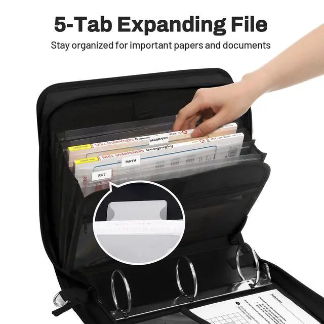 Alt view image 2 of 7 - Zipper Binder 3 Ring, 3 Inch O-Ring with Handle and Shoulder Strap, 600-Sheet Capacity, 5-Tab Expanding File Folder, Multi-Pockets for Middle School Organizer Binder with Zipper, Black