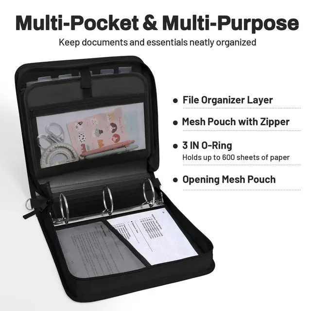 Alt view image 3 of 7 - Zipper Binder 3 Ring, 3 Inch O-Ring with Handle and Shoulder Strap, 600-Sheet Capacity, 5-Tab Expanding File Folder, Multi-Pockets for Middle School Organizer Binder with Zipper, Black