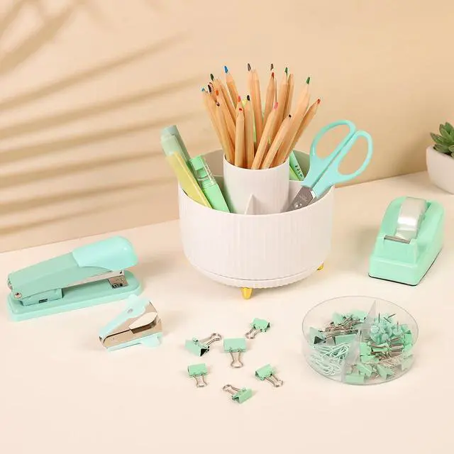 Alt view image 2 of 7 - Teal Office Supplies Set, Office Desk Accessories 10Pcs, Pencil Holder for Desk, Stapler, Tape Dispenser, Scissors, Clips and 1000pcs Staples, School Supplies for Teacher