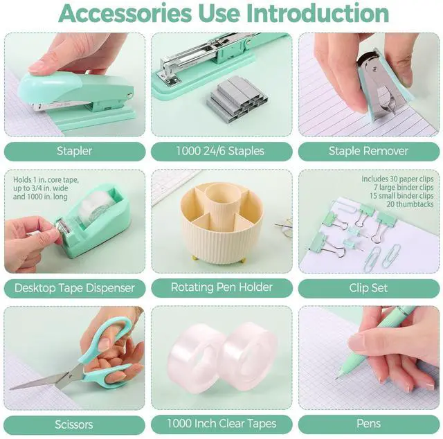 Alt view image 4 of 7 - Teal Office Supplies Set, Office Desk Accessories 10Pcs, Pencil Holder for Desk, Stapler, Tape Dispenser, Scissors, Clips and 1000pcs Staples, School Supplies for Teacher