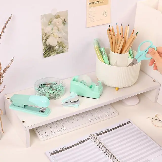 Alt view image 5 of 7 - Teal Office Supplies Set, Office Desk Accessories 10Pcs, Pencil Holder for Desk, Stapler, Tape Dispenser, Scissors, Clips and 1000pcs Staples, School Supplies for Teacher