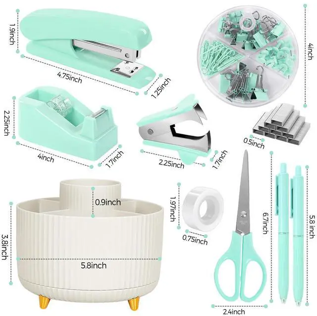 Alt view image 7 of 7 - Teal Office Supplies Set, Office Desk Accessories 10Pcs, Pencil Holder for Desk, Stapler, Tape Dispenser, Scissors, Clips and 1000pcs Staples, School Supplies for Teacher