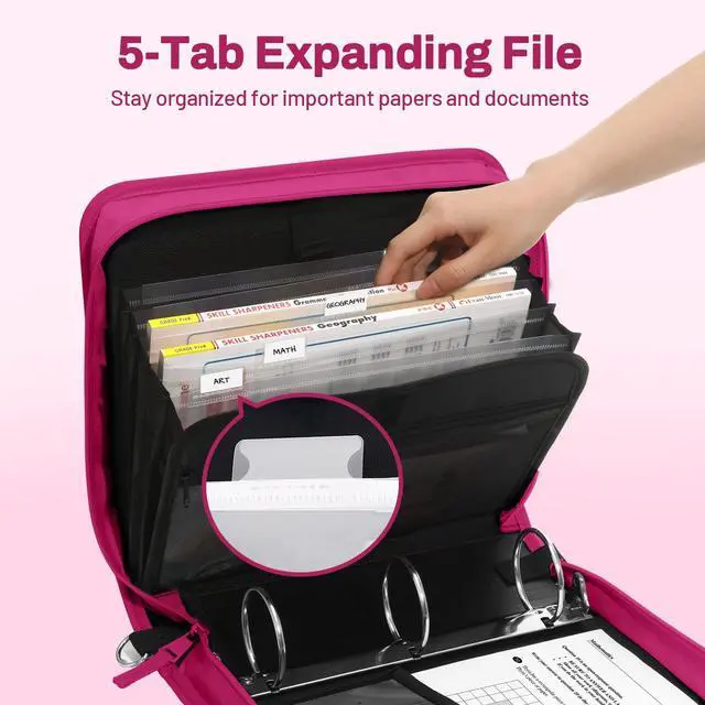 Alt view image 2 of 7 - Zipper Binder 3 Ring, 3 Inch O-Ring with Handle and Shoulder Strap, 600-Sheet Capacity, 5-Tab Expanding File Folder, Multi-Pockets for Middle School Organizer Binder with Zipper, Berry Pink