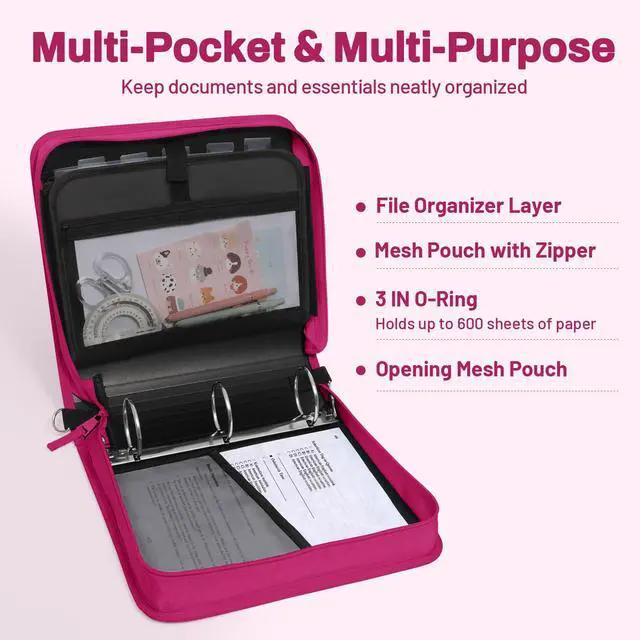 Alt view image 3 of 7 - Zipper Binder 3 Ring, 3 Inch O-Ring with Handle and Shoulder Strap, 600-Sheet Capacity, 5-Tab Expanding File Folder, Multi-Pockets for Middle School Organizer Binder with Zipper, Berry Pink