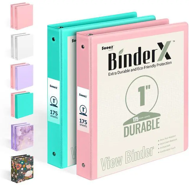 Main image of 2 Pack BinderX Extra Durable 3 Ring Binder, 1 Inch Binder Round Rings, Fits 350 Sheets of 8.5x11 Paper, Customizable View Cover with Inside Pockets, Cute 1 Inch Binders 3 Ring, Pink & Aqua Blue