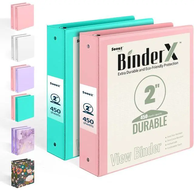 Main image of 2 Pack BinderX Extra Durable 3 Ring Binder, 2 Inch Binder Round Ring, Fits 900 Sheets of 8.5x11 Paper, Customizable View Cover with Inside Pockets, Cute School Supplies for Girls, Pink & Aqua Blue