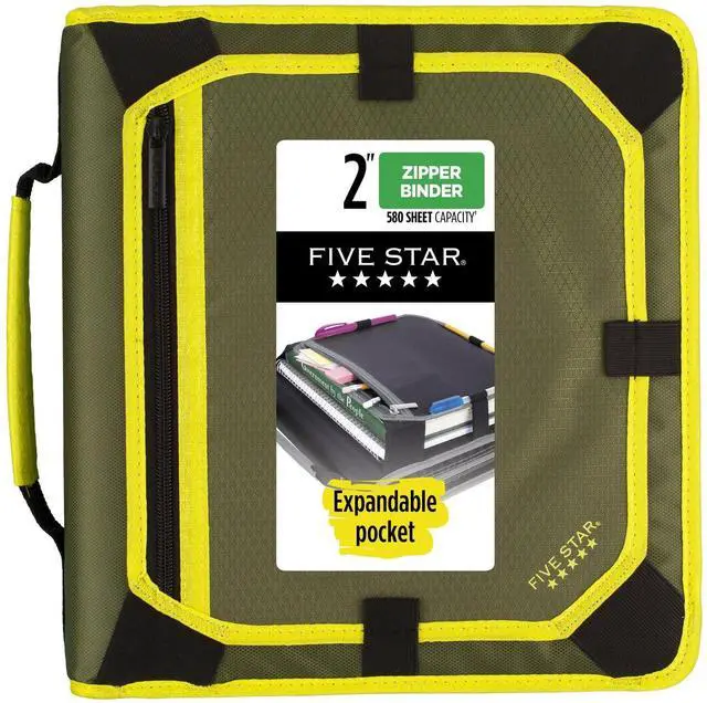Main image of Zipper Binder, 2 Inch 3-Ring Binder with Round Rings, Expansion Panel and 5-Tab Expanding File, 580 Sheet Capacity, Olive/Citrus (290520C)