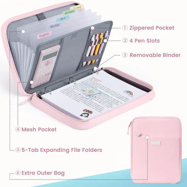 Alt view image 3 of 7 - Zipper Binder Bag, 1 Inch Binders 3 Ring O-Ring, 5-Tab Divider Folder Expanding File Folder, 500-Sheet Capacity Three Ring Binder, Cute Organizer Storage Student School Classroom Supplies, Purple