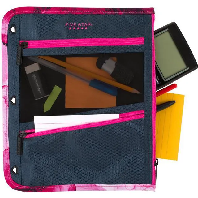 Alt view image 3 of 7 - Pencil Pouch, Pen Case, 3-Pocket Zipper Pouch, Fits 3-Ring Binder, Storage Organizer for Classroom Supplies Earbuds Chargers Cables Makeup, Navy/Pink (506420B-ECM)