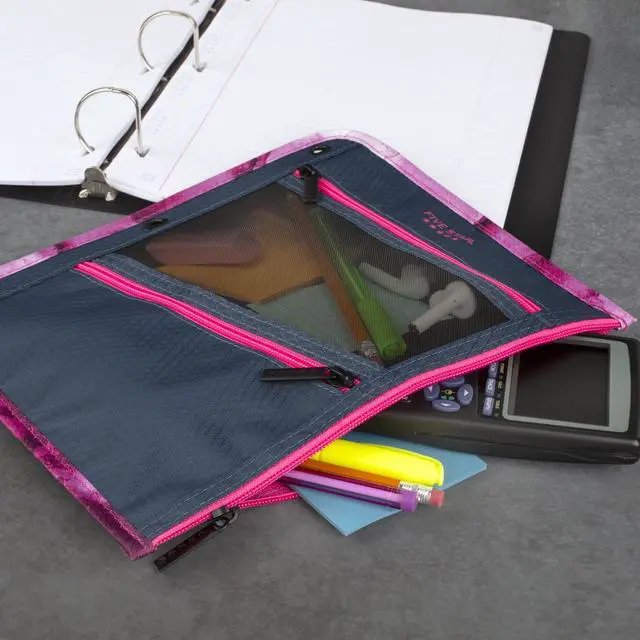 Alt view image 6 of 7 - Pencil Pouch, Pen Case, 3-Pocket Zipper Pouch, Fits 3-Ring Binder, Storage Organizer for Classroom Supplies Earbuds Chargers Cables Makeup, Navy/Pink (506420B-ECM)