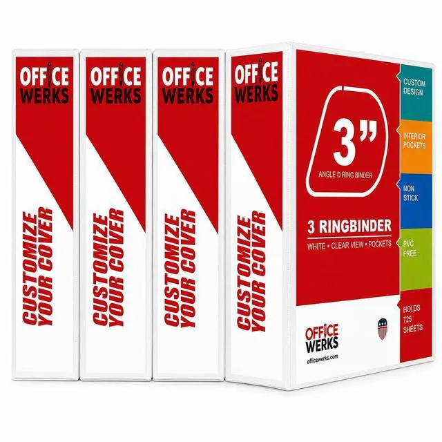 Main image of 3 Binders, 3 Inch Angle D-Rings, White, 4 Pack, Clear View, Pockets