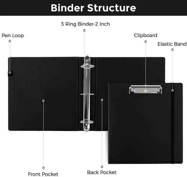 Alt view image 7 of 7 - 3 Ring Binder with Clipboard, 2 Inch PU Heavy Duty Binder with Notepad & 5 Dividers with 5 Pockets, Labels, Clipboard Folder Great for School Office(Fit Letter Sized Paper)