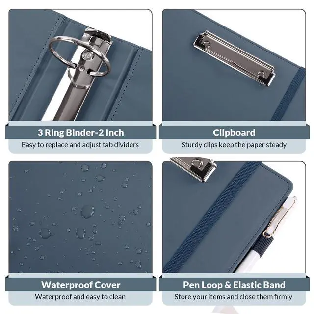 Alt view image 5 of 7 - 3 Ring Binder with Clipboard, 2 Inch Heavy Duty Binder, PU Clipboard Binder with Notepad & 5 Dividers with 10 Pockets, Labels, Clipboard Folder Great for School Office(Fit Letter Sized Paper)