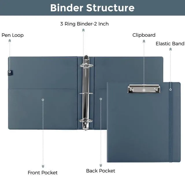 Alt view image 7 of 7 - 3 Ring Binder with Clipboard, 2 Inch Heavy Duty Binder, PU Clipboard Binder with Notepad & 5 Dividers with 10 Pockets, Labels, Clipboard Folder Great for School Office(Fit Letter Sized Paper)