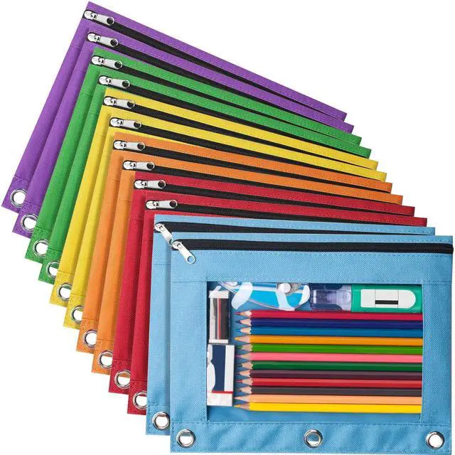 Main image of 12 Pack Pencil Pouche for 3 Ring Binder, Smooth Zipper Pencil Bag Pencil Pouchs, Multi-Color Pencil Case for Binder, Clear Top Binder Pencil Pouch, Pencil Bag with 3 Re-enforced Grommets