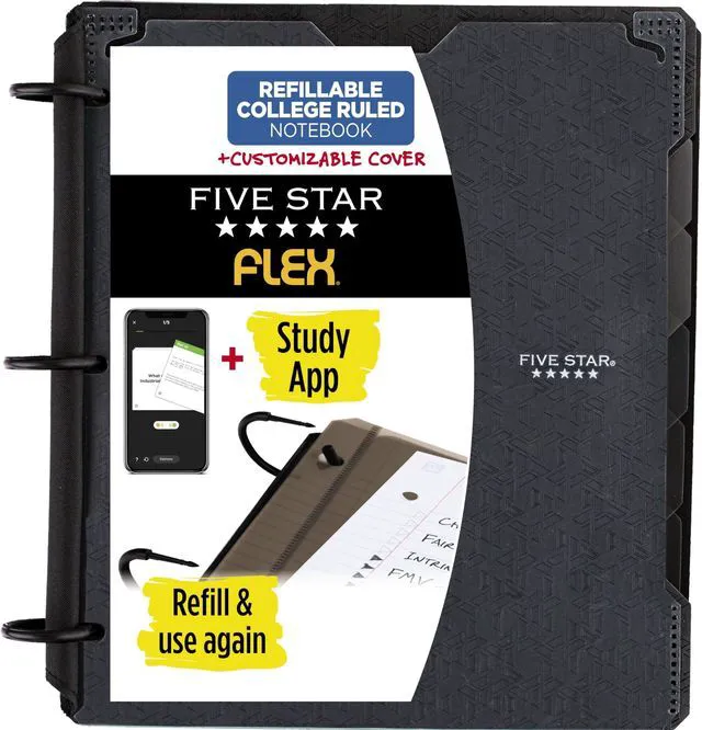 Main image of Flex Refillable Notebook + Study App,College Ruled Paper and 1 Inch TechLock Ring Binder with Customizable Cover,Pockets,Tabs and Dividers,200 Sheet Capacity,Black (29326AA2) (Pack of 6)