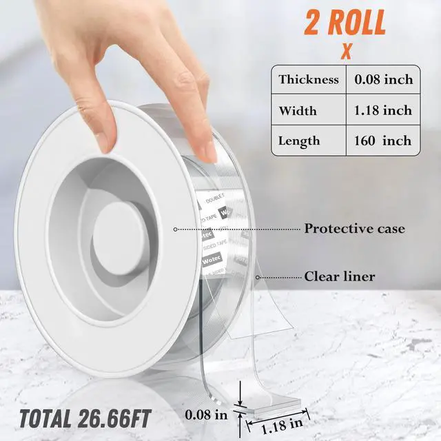Alt view image 3 of 6 - 2 Pack Extra Large 1.18 in x 160 in Double Sided Tape Heavy Duty Removable Clear & Tough Nano Tape, Multipurpose Mounting Tape Picture Hanging Strips Adhesive for Poster Carpet