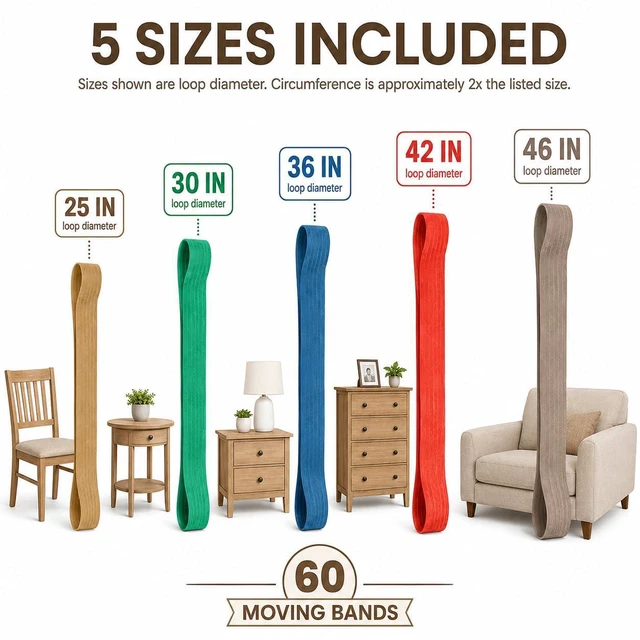 Alt view image 2 of 7 - 60 Pack Mover Bands Extra Large Rubber Bands for Moving Blankets, Furniture & Appliances Heavy-Duty Stretch Bands in 5 Sizes (25", 30", 36", 42", 46")