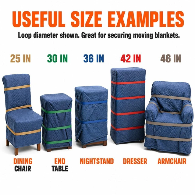 Alt view image 4 of 7 - 60 Pack Mover Bands Extra Large Rubber Bands for Moving Blankets, Furniture & Appliances Heavy-Duty Stretch Bands in 5 Sizes (25", 30", 36", 42", 46")