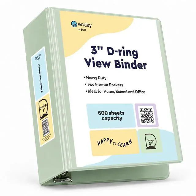 Main image of 3 Inch Binder, Green - 3 Inch 3 Ring Binder, D-Ring Pastel with Clear View Cover for Letter Size 8.5 x 11'' Paper & 2 Inside Pockets, Ideal for School Supplies, Office, and Home