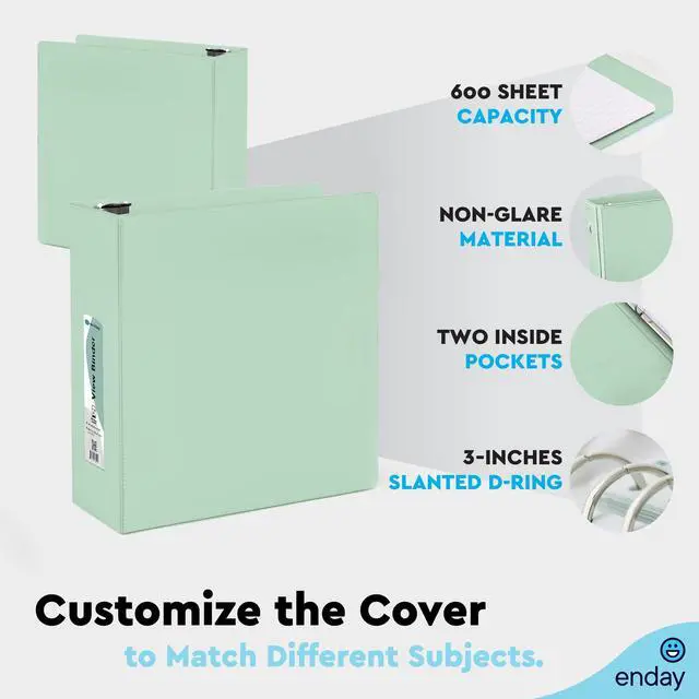 Alt view image 6 of 7 - 3 Inch Binder, Green - 3 Inch 3 Ring Binder, D-Ring Pastel with Clear View Cover for Letter Size 8.5 x 11'' Paper & 2 Inside Pockets, Ideal for School Supplies, Office, and Home