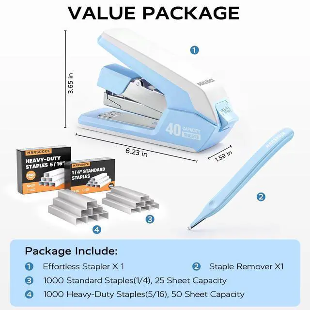 Alt view image 4 of 7 - Heavy Duty Stapler for Desk with 40-50 Sheet, 2000 Staples, Blue Office Stapler, Classroom Stapler, Teacher Stapler, Ergonomic & Easy to Load Desktop Stapler, Magnetic Staple Remover