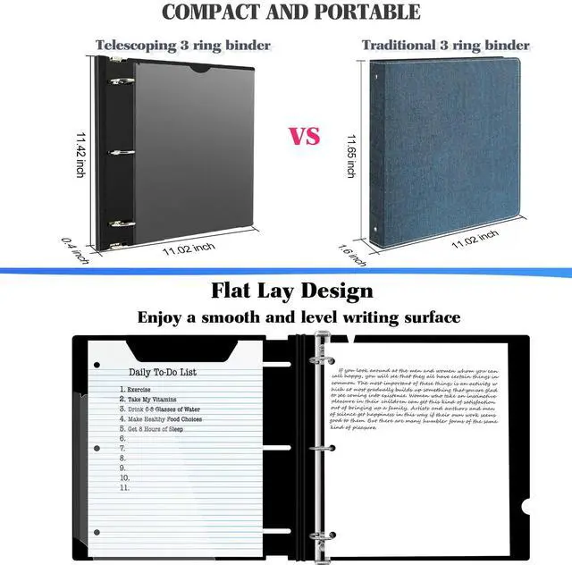 Alt view image 3 of 7 - 1 Inch Telescoping 3 Ring Binder Black+White - 12 PCS Flexible Binders with Customizable Front Cover and Clear Catalog Pocket,1 inch Binders 3 Ring, Holds 8.5" x 11" Paper
