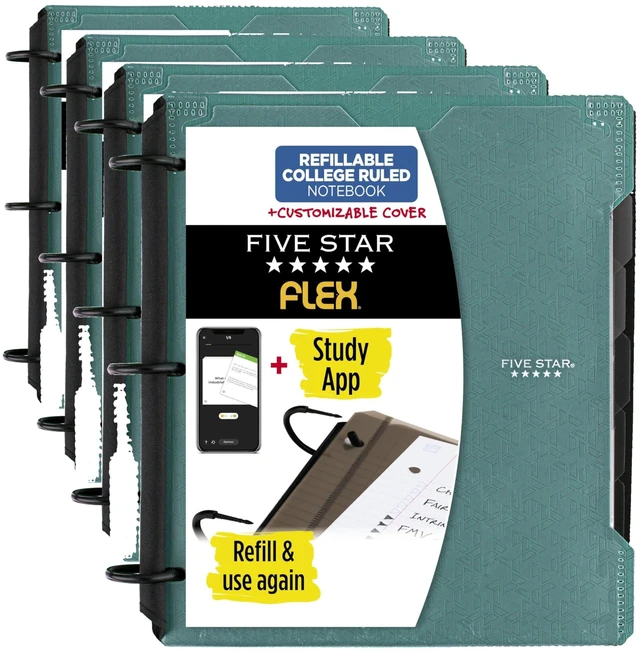 Main image of Flex Refillable Notebook + Study App, 1 Inch Binder with Customizable Cover, College Ruled Notebook and 3 Ring Binder, Hybrid NoteBinder, 200 Sheet Capacity, Green (29326AQ8) (Pack of 4)