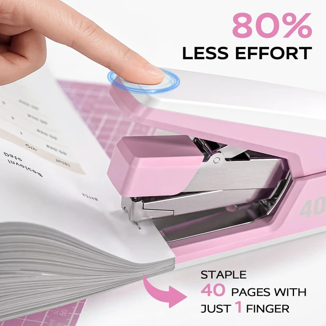 Alt view image 2 of 7 - Heavy Duty Stapler for Desk with 40-50 Sheet, 2000 Staples, Pink Classroom Stapler, Teacher Stapler, Office Stapler, Ergonomic & Easy to Load Desktop Stapler, Magnetic Staple Remover