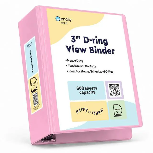 Main image of 3 Inch Binder, Pink - 3 Inch 3 Ring Binder, D-Ring Pastel with Clear View Cover for Letter Size 8.5 x 11'' Paper & 2 Inside Pockets, Ideal for School Supplies, Office, and Home