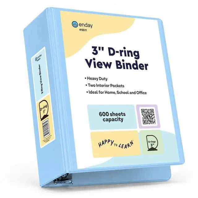 Main image of 3 Inch Binder, Blue - 3 Inch 3 Ring Binder, D-Ring Pastel with Clear View Cover for Letter Size 8.5 x 11'' Paper & 2 Inside Pockets, Ideal for School Supplies, Office, and Home