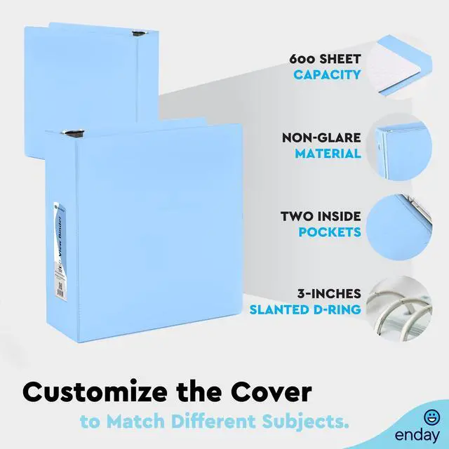 Alt view image 6 of 7 - 3 Inch Binder, Blue - 3 Inch 3 Ring Binder, D-Ring Pastel with Clear View Cover for Letter Size 8.5 x 11'' Paper & 2 Inside Pockets, Ideal for School Supplies, Office, and Home