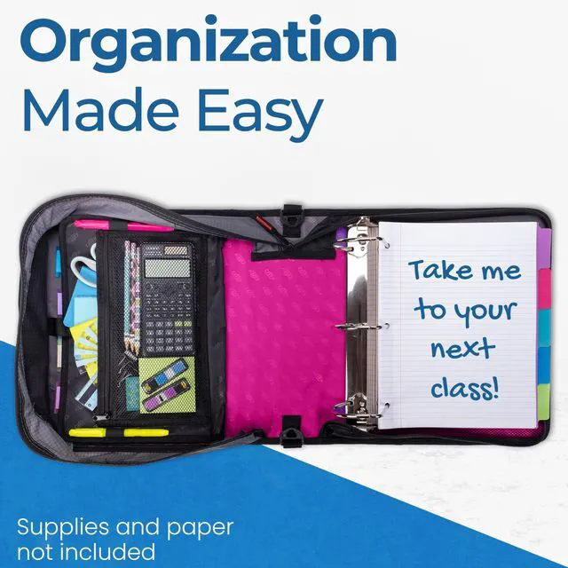 Alt view image 7 of 7 - it School Zipper Binder | 4-Inch D-Rings | 800-Sheet | D-186 Magenta King Sized Zip Tab, 5-Subject Expanding File Folder, Multiple Pockets, Storage Organizer, Shoulder Strap, Office
