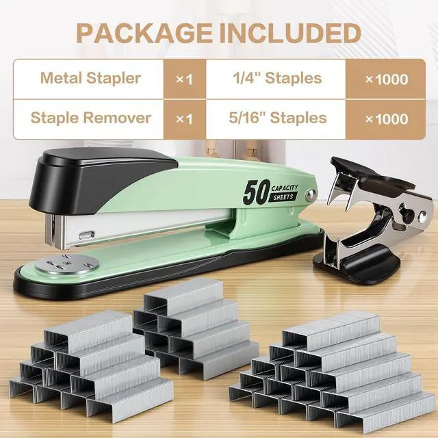 Alt view image 3 of 7 - Stapler Heavy Duty, 2000 Staples and Staple Remover, Green 50 Sheet Capacity, No Jam, Full Strip, Non-Slip Office Stapler with Staples for Office, Classroom