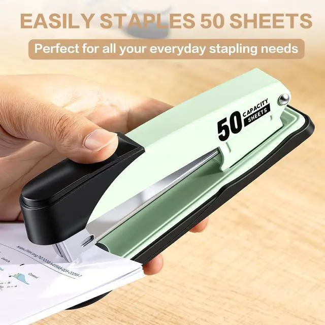 Alt view image 4 of 7 - Stapler Heavy Duty, 2000 Staples and Staple Remover, Green 50 Sheet Capacity, No Jam, Full Strip, Non-Slip Office Stapler with Staples for Office, Classroom