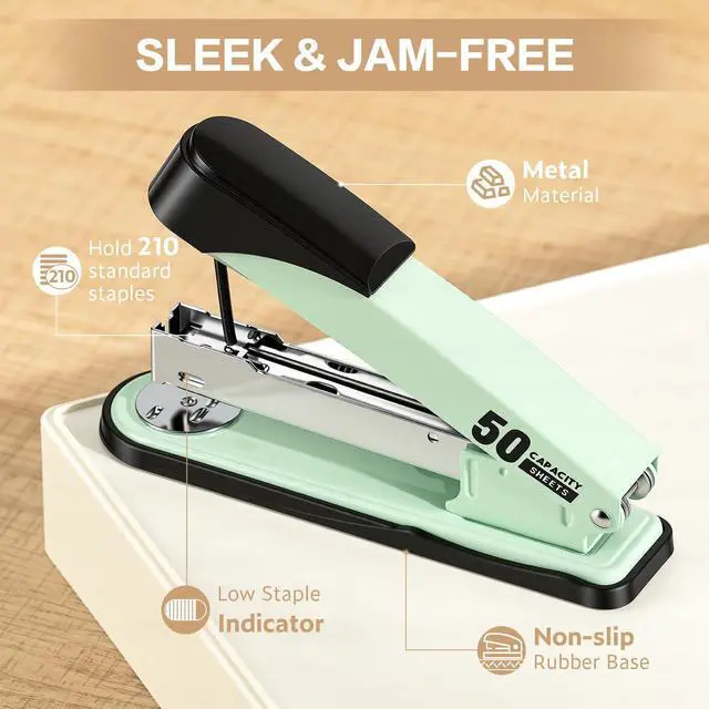 Alt view image 6 of 7 - Stapler Heavy Duty, 2000 Staples and Staple Remover, Green 50 Sheet Capacity, No Jam, Full Strip, Non-Slip Office Stapler with Staples for Office, Classroom