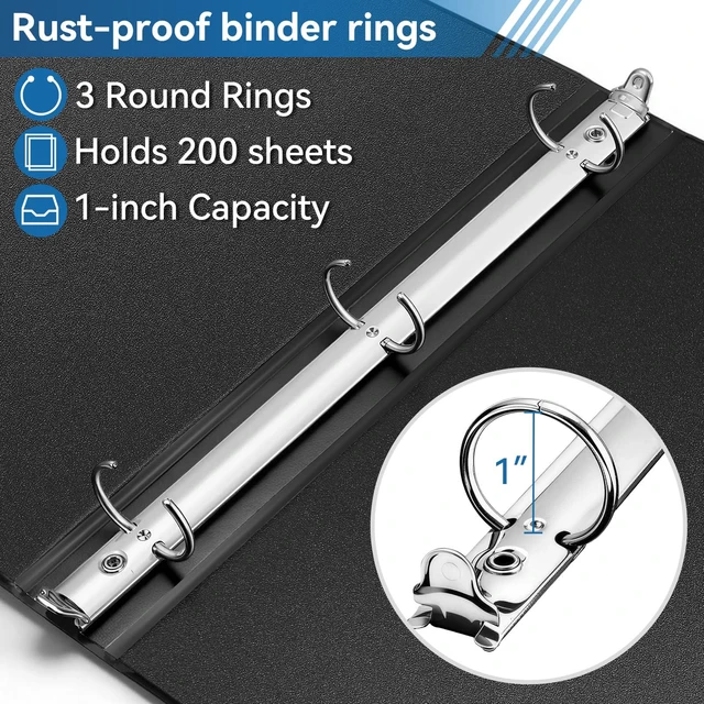 Alt view image 3 of 7 - 1-inch 3 Ring Binder with Durable -Premium 1'' Binders with 3 Roung Ring, Large 200 Sheet Capacity, Fit 8.5" x 11" US Letter Size Paper (1'' -Black 12 Packs)