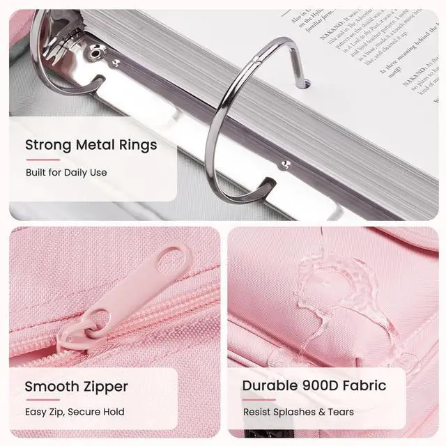 Alt view image 5 of 7 - Zipper Binder Bag, 3 Inch 3 Ring Binder with D-Ring, Holds 900 Sheets Cute School Binder with Shoulder Strap & Handle, Multi-Pocket Organizer for Middle School College Office Supplies, Purple