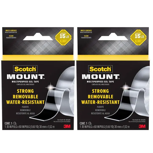 Main image of Multipurpose Gel Tape, 2 Pack (2 Rolls), 30 mm x 1.5 m (1.18 in x 60 in) Each, Heavy Duty Double-Sided Removable Mounting Tape, Clear, Holds Up to 20 lb