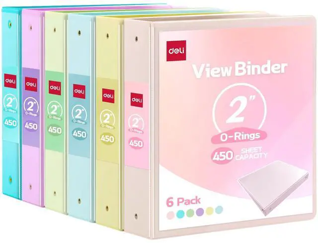 Main image of 2-inch 3 Ring Binder 6 Pack,11" x 8.5" US Letter Size 2 inch Binders with 2 Interior Pockets, 450 Sheets Capacity,Assorted 6 Pastel Colors