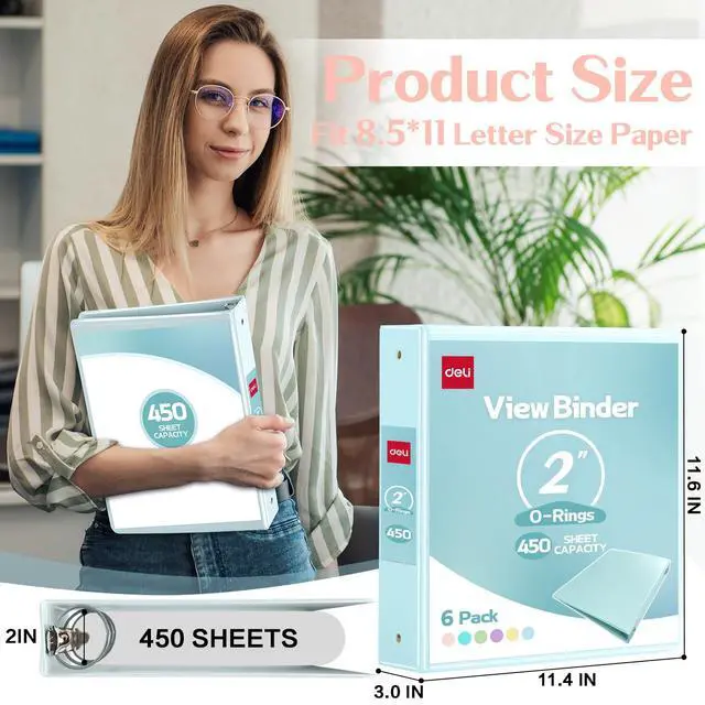 Alt view image 2 of 7 - 2-inch 3 Ring Binder 6 Pack,11" x 8.5" US Letter Size 2 inch Binders with 2 Interior Pockets, 450 Sheets Capacity,Assorted 6 Pastel Colors