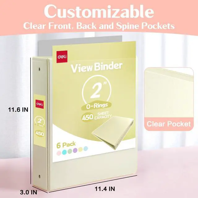 Alt view image 3 of 7 - 2-inch 3 Ring Binder 6 Pack,11" x 8.5" US Letter Size 2 inch Binders with 2 Interior Pockets, 450 Sheets Capacity,Assorted 6 Pastel Colors
